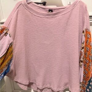 We The Free Light Pink Boho Blouse with Patterned Sleeves